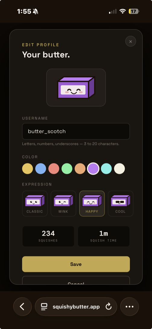 Squishy Butter Co. player profile showing collectible digital butter squishy toy collection with serial numbers